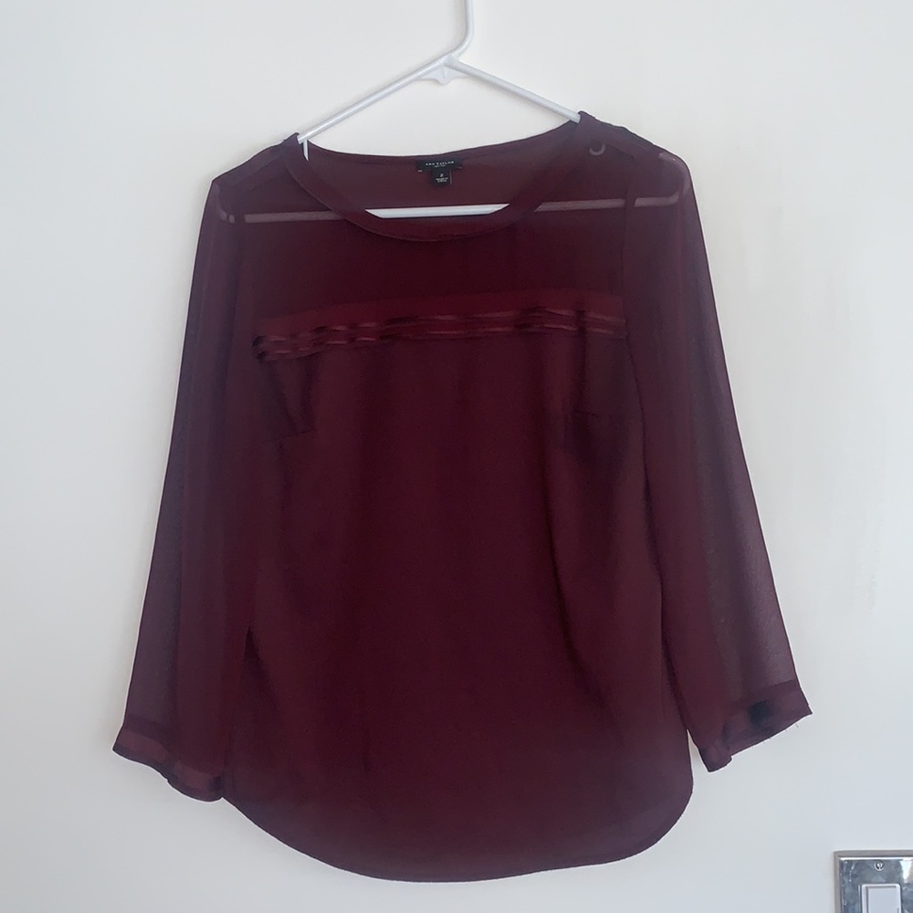 Ann Taylor maroon top with sheer sleeves-size 2